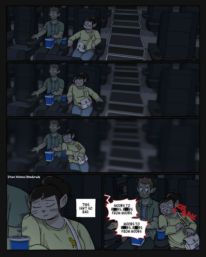 Animated comic panels showing the chaos of sharing popcorn and space while watching a movie with a friend.