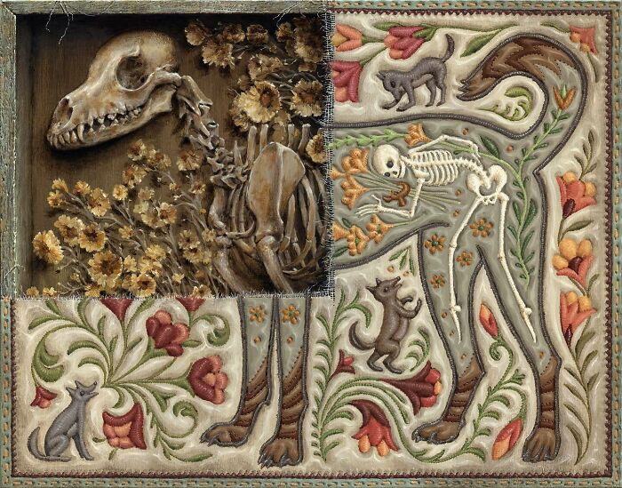 Intricate artwork by Jason Limon showing skeletons blended with floral and nature-inspired embroidered patterns.