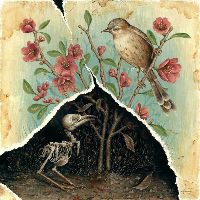Painting by Jason Limon showing a bird perched on flowers with hidden skeletons behind a torn nature scene.