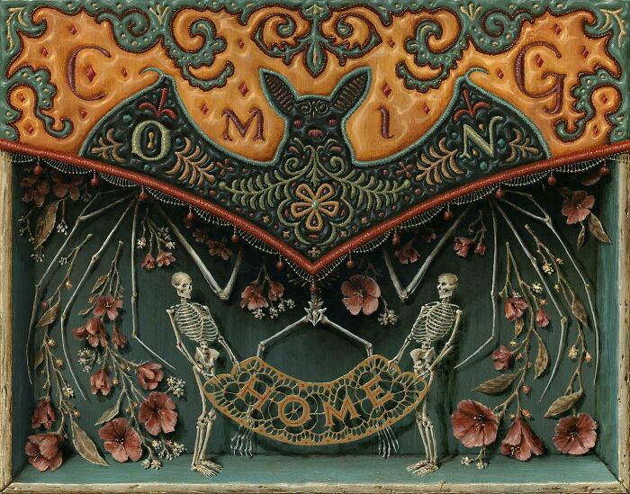 Intricate painting by Jason Limon featuring skeletons hidden behind floral nature elements in a decorative scene.