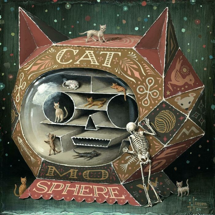 Surreal painting by Jason Limon showing a skeleton inspecting a cat-shaped box filled with small cats inside.