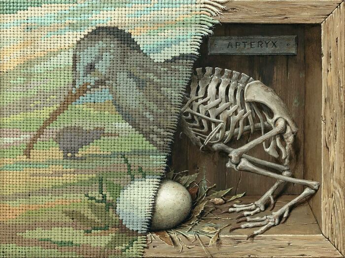 Painting by Jason Limon revealing a bird skeleton hidden behind a nature scene with a large egg and nest.