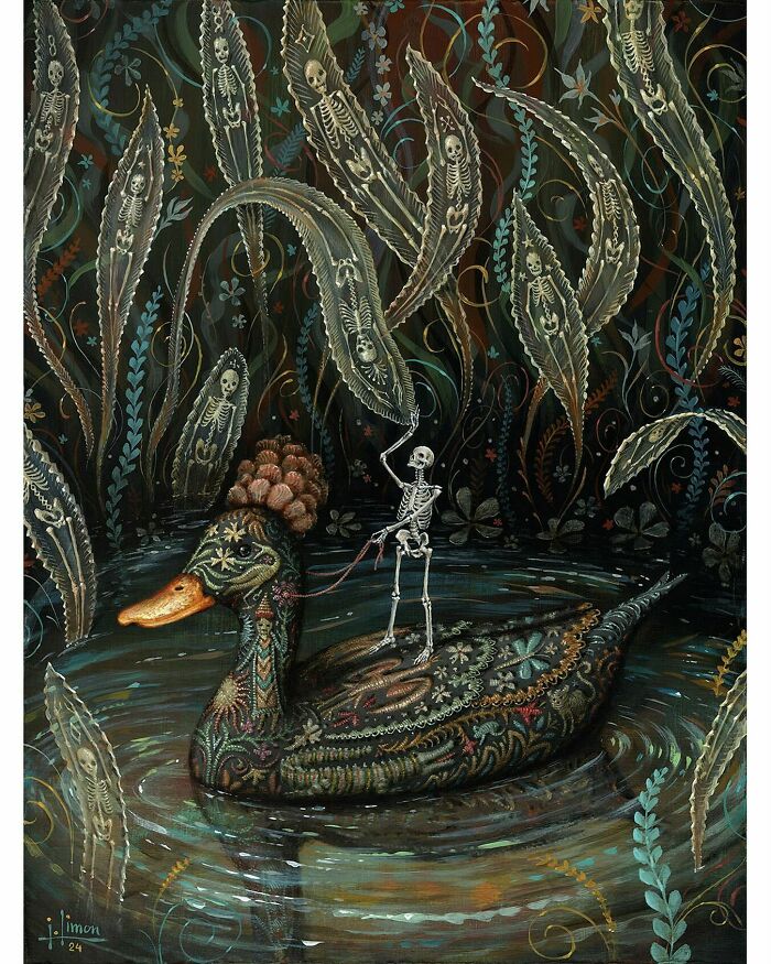 Skeletons hidden behind nature painted by Jason Limon, featuring a skeleton riding a decorated duck in a dark, patterned environment.