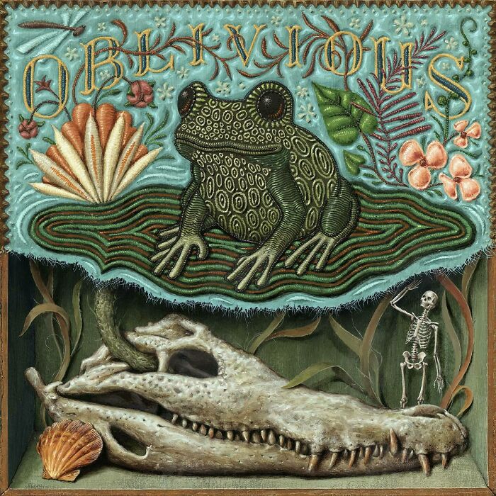 Artwork by Jason Limon showing a detailed frog with embroidered patterns and a crocodile skull with a skeleton figure.