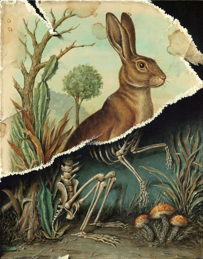Painting of a rabbit with its skeleton revealed beneath nature elements, showcasing Jason Limon’s skeleton art style.