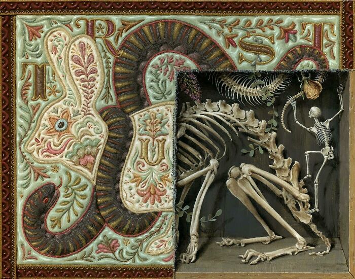 Detailed painting by Jason Limon showing skeletons hidden behind intricate nature scenes with a snake and floral patterns.