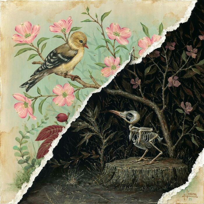 A detailed painting by Jason Limon showing a bird and the skeleton hidden behind nature scenes.