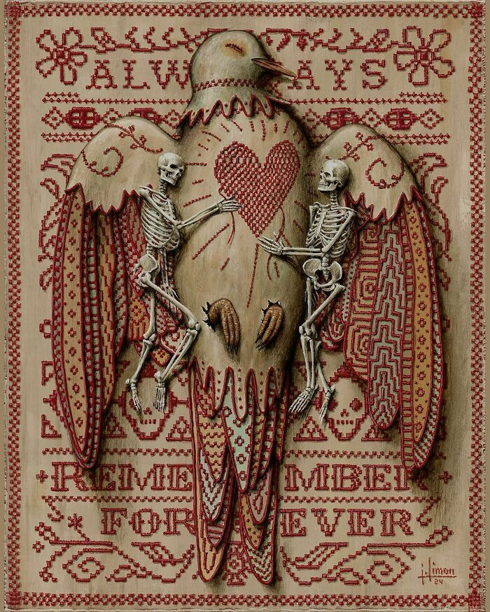 Detailed painting of skeletons intertwined with a bird, showcasing Jason Limon's style of skeletons hidden behind nature scenes.