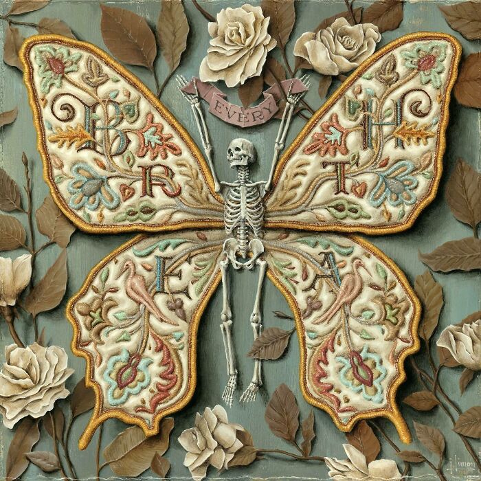 Intricate butterfly with skeletal figure and embroidered wings surrounded by detailed flowers in Jason Limon skeleton art.