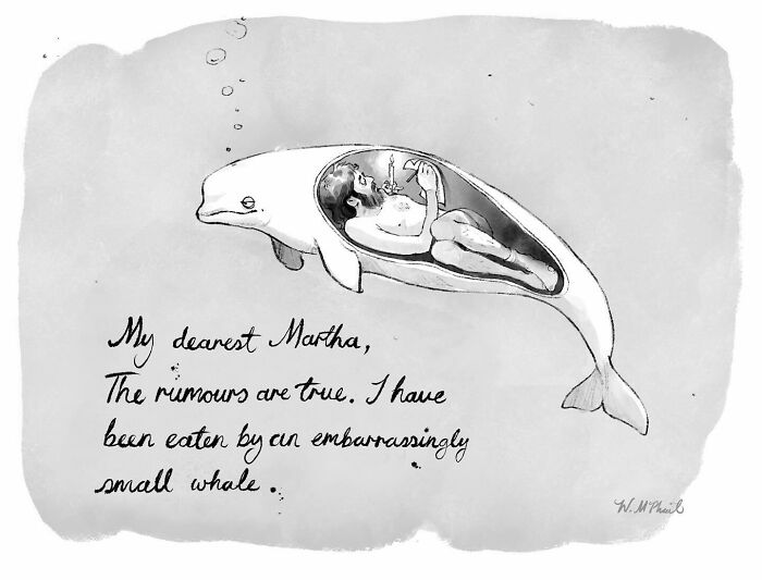 Black and white comic showing a man inside a small whale, a humorous comic with unexpected twists and turns.