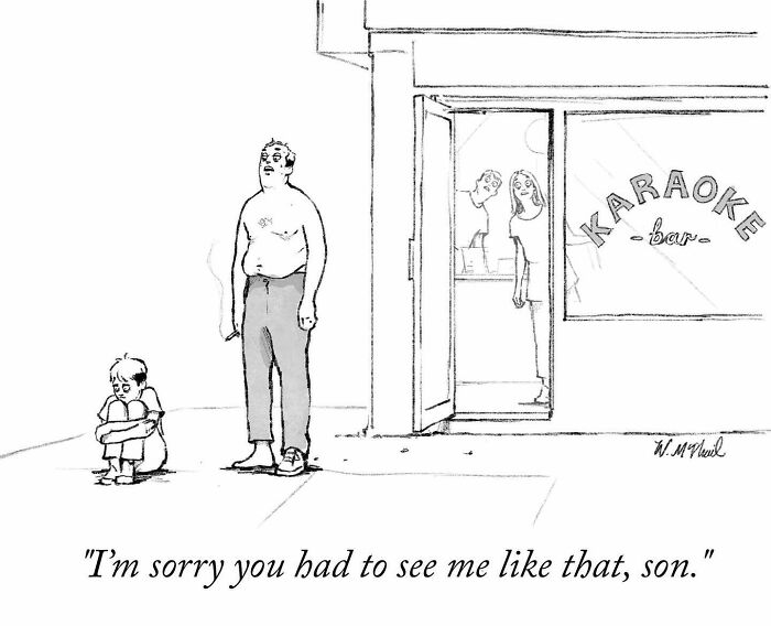 Man apologizing to son outside karaoke bar in a hilarious comic with an unexpected twist by The New Yorker cartoonist.