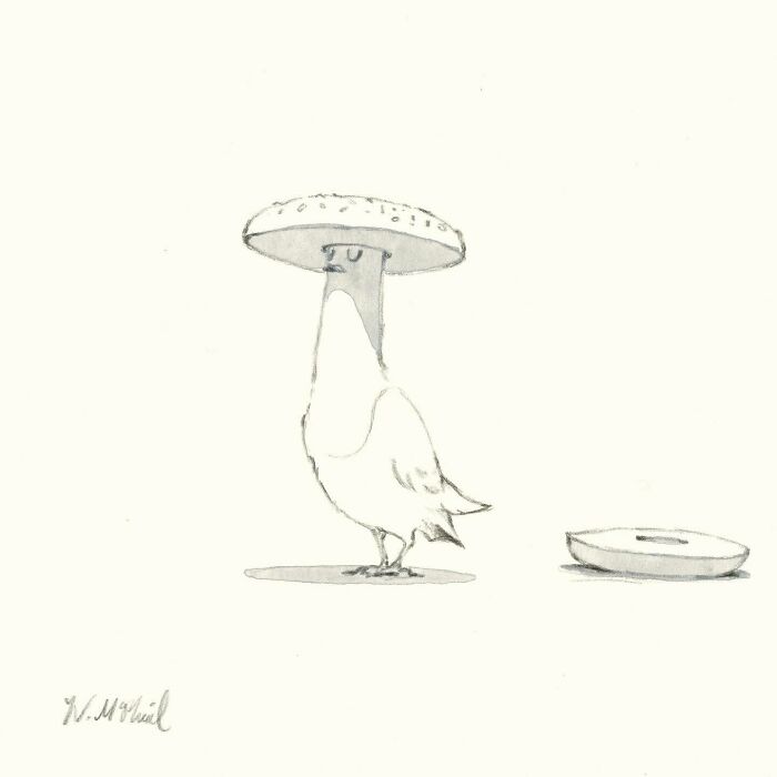 Cartoon of a bird wearing a donut as a hat, showcasing a hilarious comic with unexpected twists and turns.