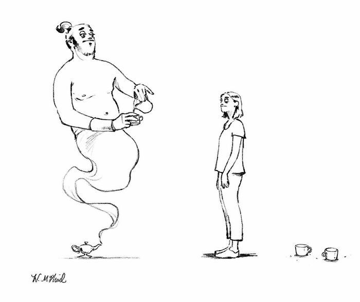 Black and white comic showing a genie pouring tea for a woman, from hilarious comics with unexpected twists and turns.