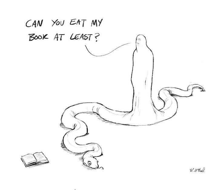 Black and white comic sketch showing a snake-like creature with a human head asking to eat a book, featuring unexpected twists.