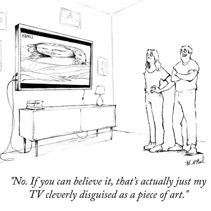 Two people looking at a TV disguised as a piece of art in a hilarious comic with unexpected twists.