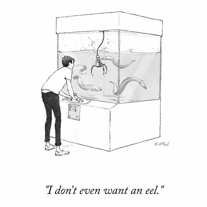 Man playing a claw machine filled with live eels in a hilarious comic with unexpected twists and turns.