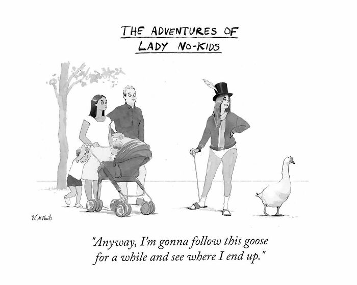 Black and white comic showing a woman in a top hat following a goose, with a family watching nearby, humorous unexpected twist.