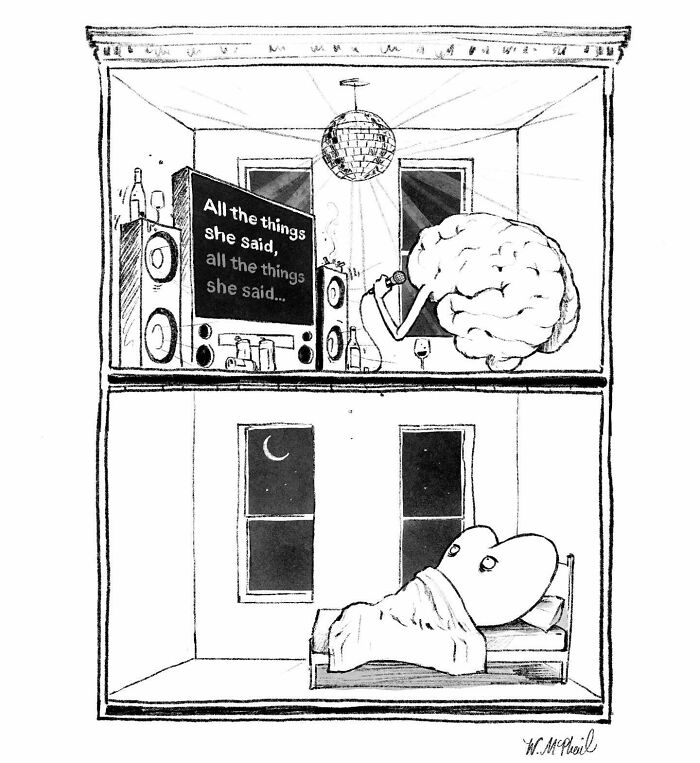 Cartoon brain singing karaoke while a heart lies awake in bed, a hilarious comic with unexpected twists.