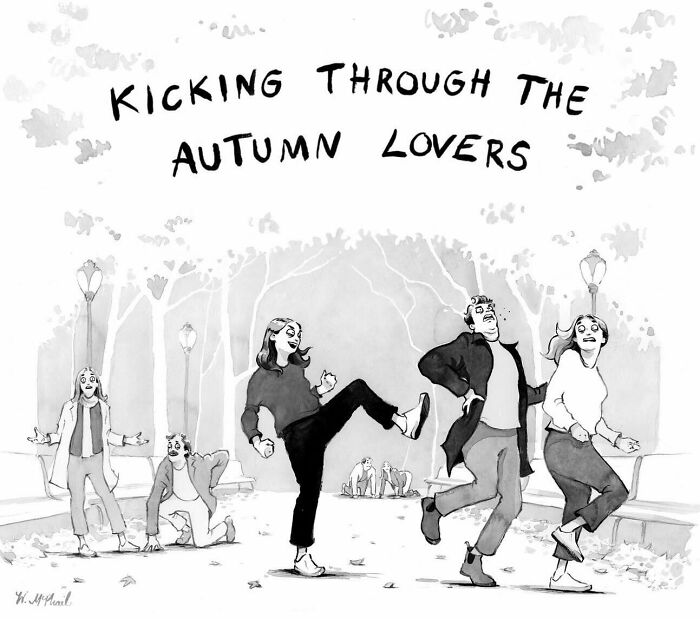 Black and white comic showing people kicking through fallen leaves in autumn, a humorous twist by a New Yorker cartoonist.