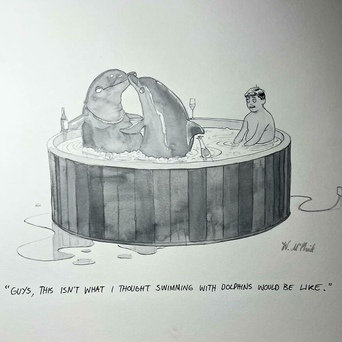 Cartoon of a man in a hot tub with two penguins, a funny comic with unexpected twists and turns style.