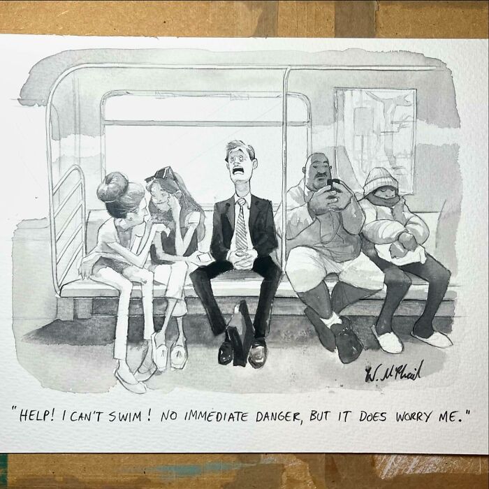 Black and white comic showing a worried man on a subway saying he can't swim, with hilarious unexpected twists.
