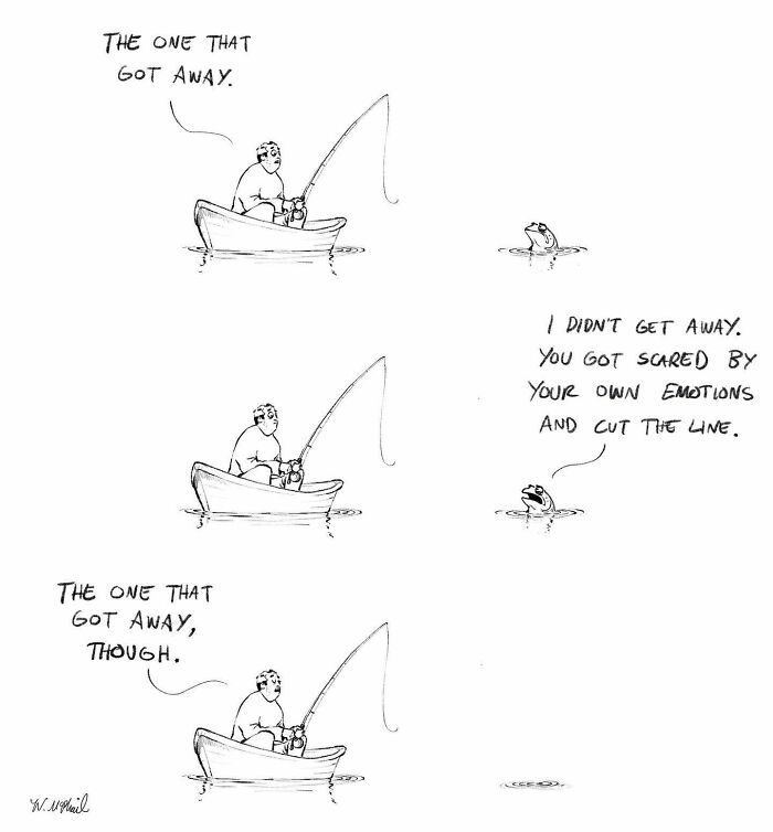 Black and white comic showing a fisherman and a talking fish with an unexpected twist in the dialogue.