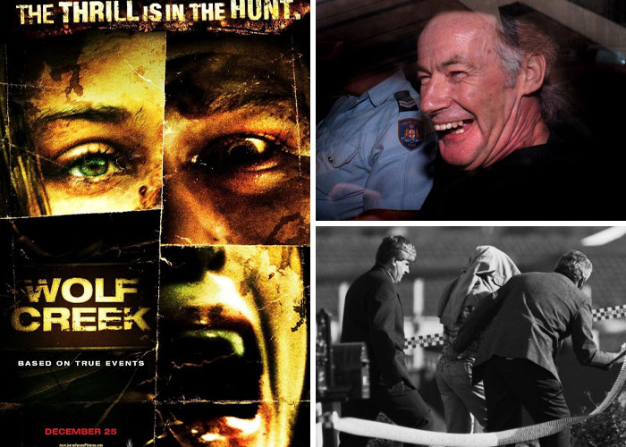 Collage showing horror films inspired by real-life terrifying and mysterious events including a Wolf Creek poster.