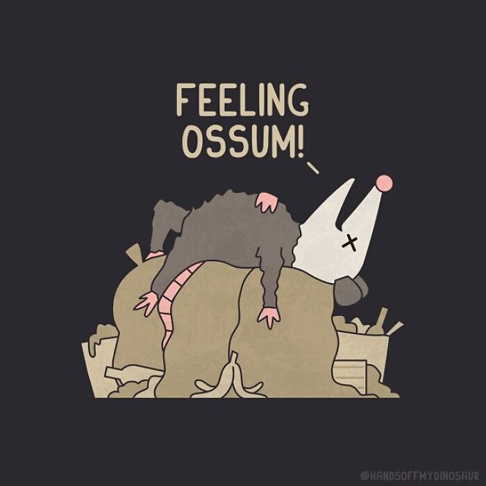 Quirky pun illustration of a possum lying on trash bags with the caption feeling ossum in a dark background.