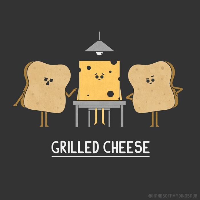 Pun illustration of two bread slices interrogating a cheese block under a spotlight labeled grilled cheese.