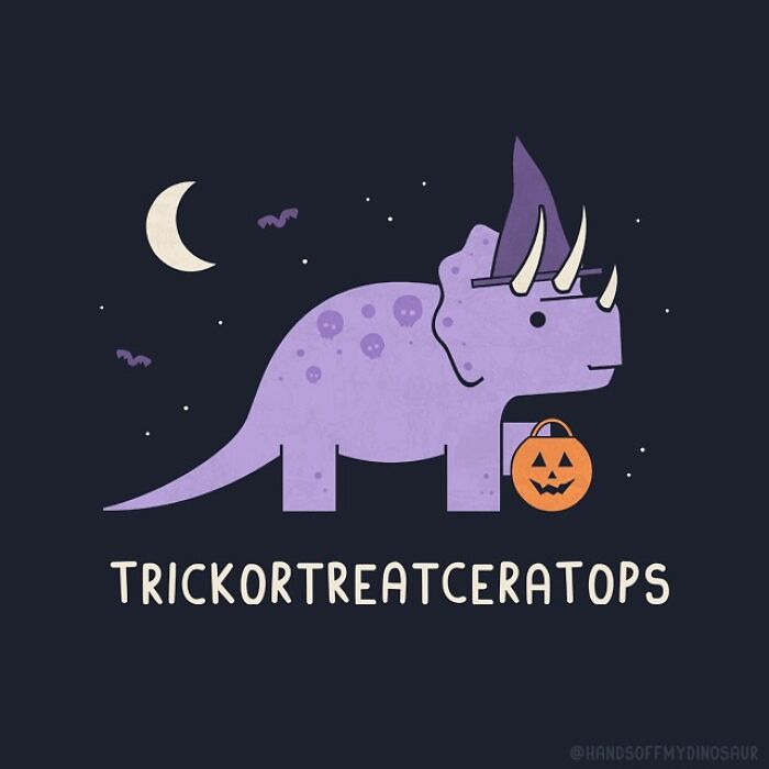 Purple pun illustration of a trick-or-treating dinosaur with Halloween hat and pumpkin bag at night.