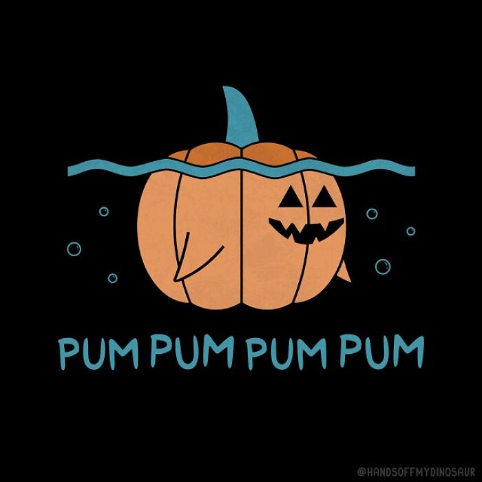 Quirky pun illustration of a pumpkin swimming underwater with the caption pum pum pum pum in a humorous twist.