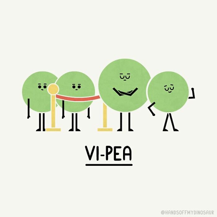Illustration of quirky pun with anthropomorphic peas showing a VIP line, highlighting quirky pun illustrations by Teo Zirinis.