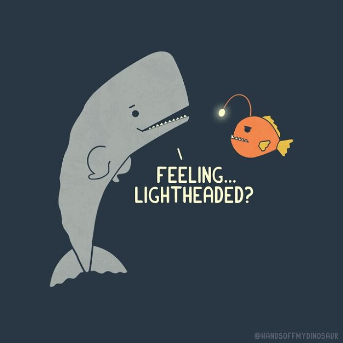 Quirky pun illustration of a whale and anglerfish with the text feeling lightheaded in a dark background.