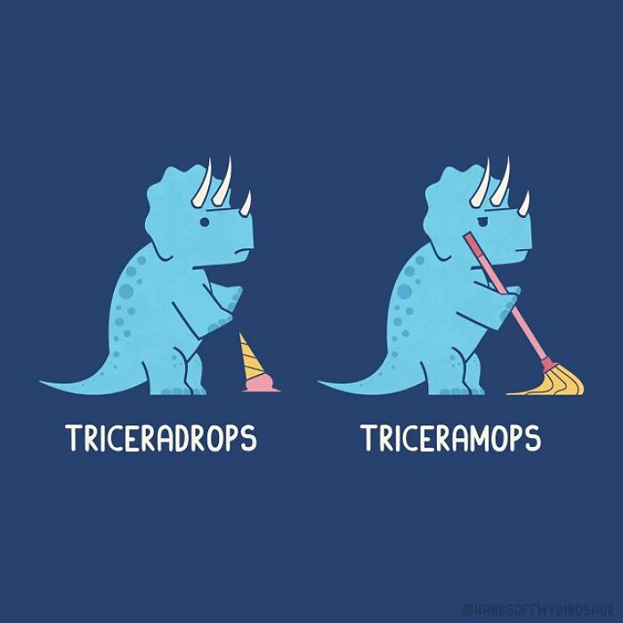 Two quirky pun illustrations of a blue triceratops, one with an ice cream drop and one sweeping with a mop.