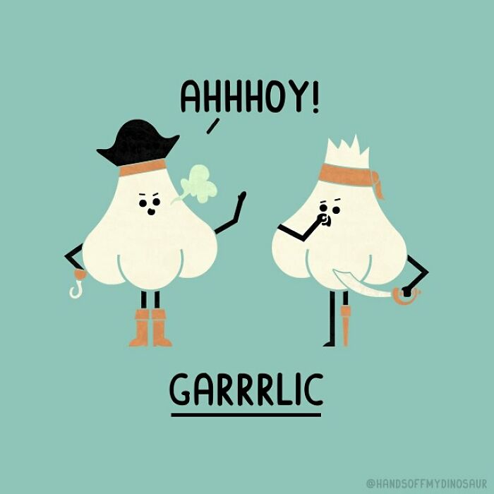 Pun illustration featuring two garlic bulbs dressed as pirates with the word garrrlic and pirate speech.
