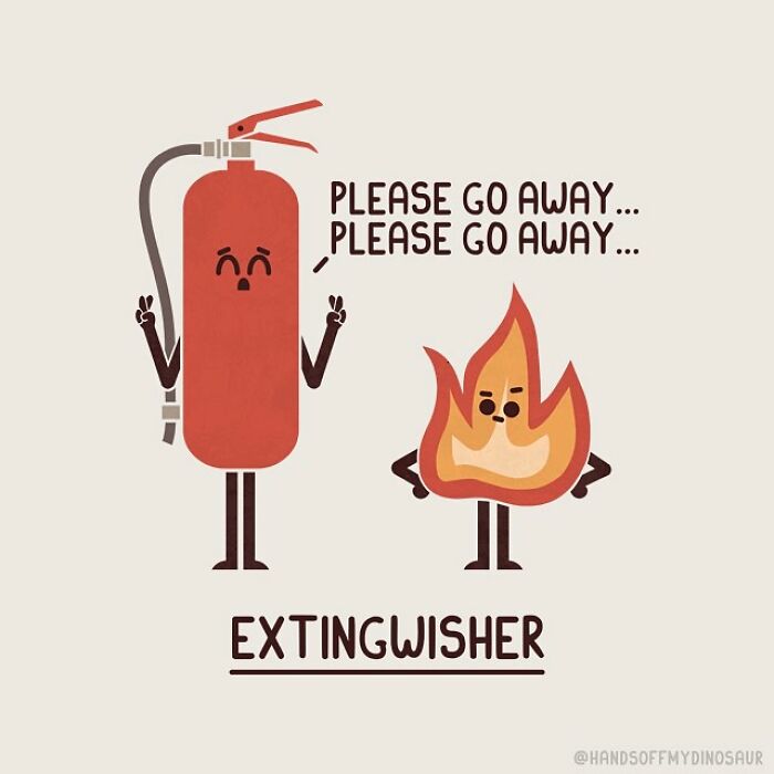 Pun illustration of a fire extinguisher and fire with playful text saying please go away as a quirky pun illustration.