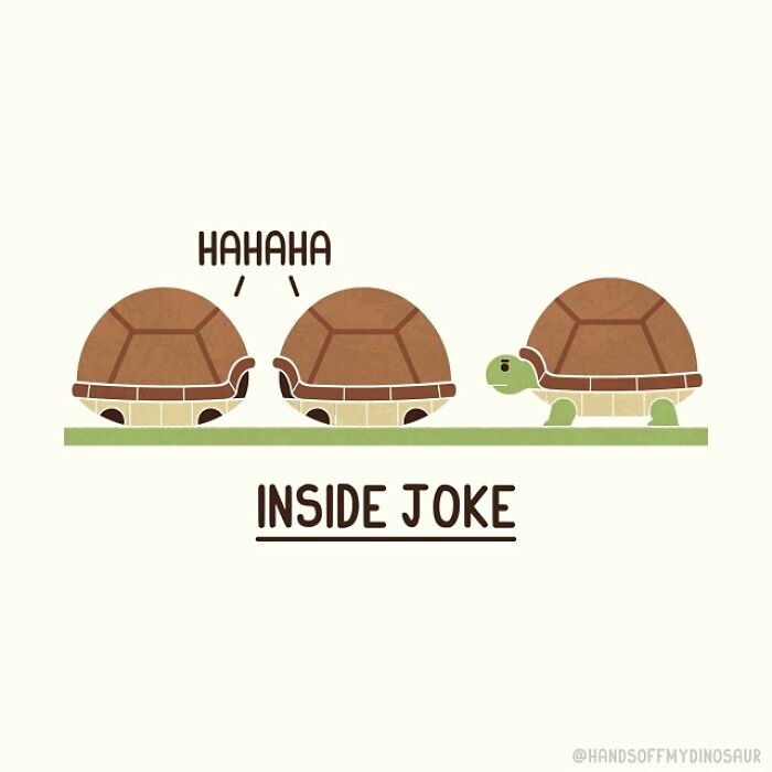 Quirky pun illustration of turtles with two hiding inside shells laughing at an inside joke by Teo Zirinis.