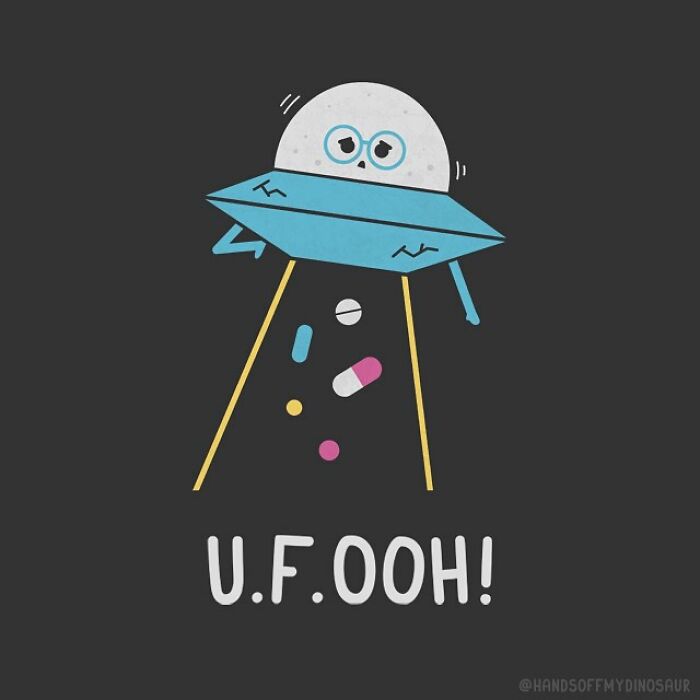 Quirky pun illustration of a UFO abducting pills with a humorous twist on the phrase U.F.OOH.