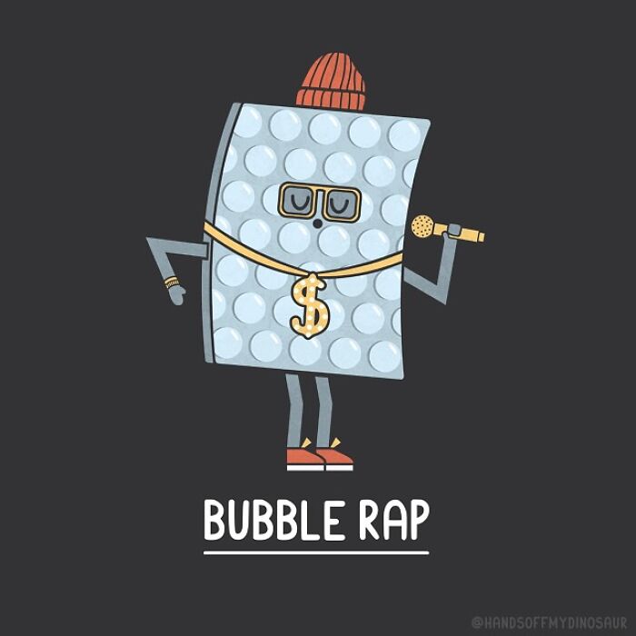 Bubble wrap character with rapper accessories holding microphone in quirky pun illustrations by Teo Zirinis.