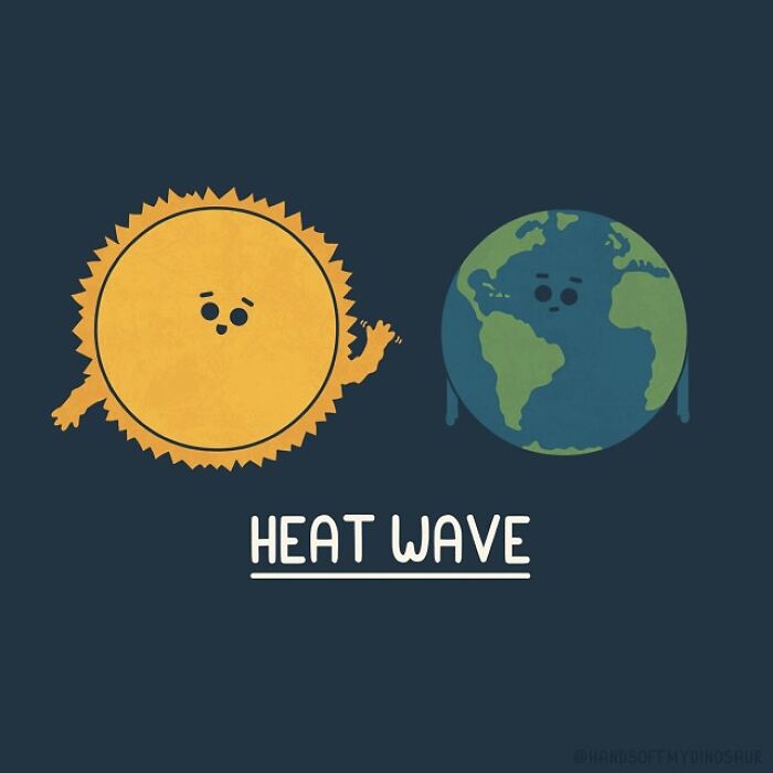 Pun illustration showing the sun waving at a melting Earth to depict a heat wave concept humorously by Teo Zirinis.