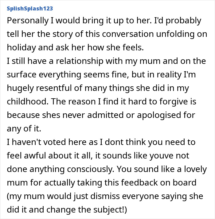 Comment discussing a mom of 4 regretting using her daughter as a family scapegoat, expressing childhood resentment and forgiveness.