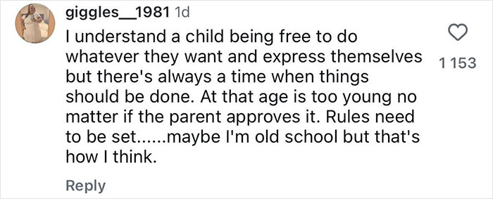 Instagram comment discussing concerns about letting a 16-year-old get a pelvic tattoo and setting rules. Instagram comment discussing concerns about letting a 16-year-old get a pelvic tattoo and setting rules.