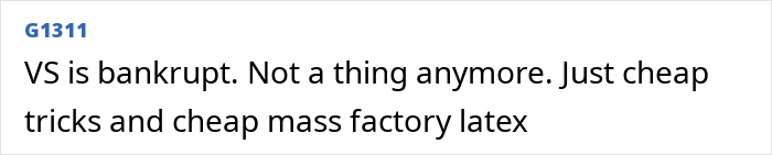 Screenshot of a comment criticizing Victoria&rsquo;s Secret, mentioning bankruptcy and cheap mass factory latex products.