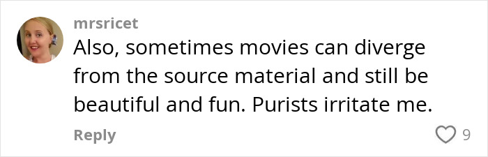 Screenshot of a social media comment discussing the Margot Robbie Wuthering Heights trailer and movie adaptation views.