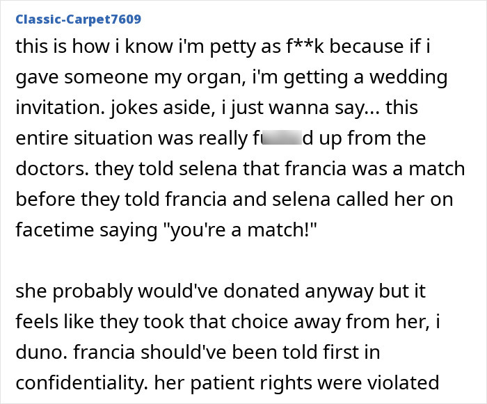 Screenshot of text discussing Selena Gomez's kidney donor breaking silence amid wedding snub claims and medical confidentiality issues. Screenshot of text discussing Selena Gomez's kidney donor breaking silence amid wedding snub claims and medical confidentiality issues.