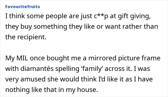 Comment about bad birthday presents from mums, mentioning a mirrored picture frame with diamant&eacute;s spelling family.