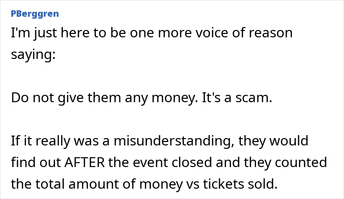 Comment warning about scam, advising not to give money, related to coworkers going to superior&rsquo;s wife&rsquo;s show.