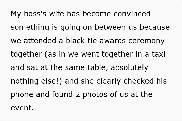 Text excerpt describing a boss's wife claiming an affair with an innocent worker after seeing photos from an event.