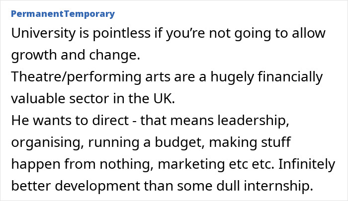 Text excerpt discussing growth, leadership, and career choices related to steer sons career against dreams.