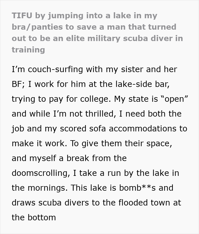 Woman tries to save elite military diver by jumping into lake, leading to an unexpected date despite her embarrassment